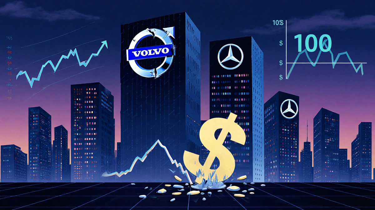 Dollar sign plummeting over cityscape where crumpled Volvo and dented Mercedes logos show Luminar's lost contracts.