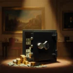 Burglar stealing cash and coins from open safe with gold spilling onto floor and shadowy figure behind