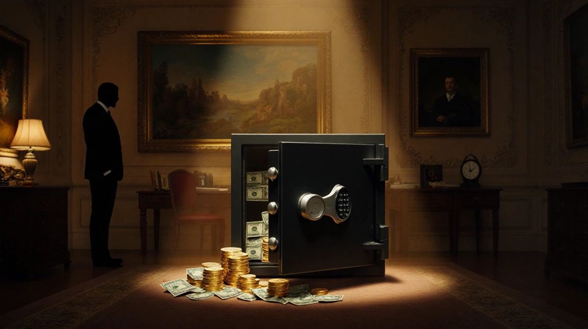 Burglar stealing cash and coins from open safe with gold spilling onto floor and shadowy figure behind