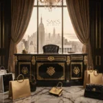 Ornate desk sits empty with luxury shopping bags and designer handbags scattered across marble floor