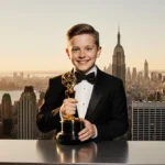Macaulay Culkin holds Golden Globe award at podium with glowing city skyline behind him