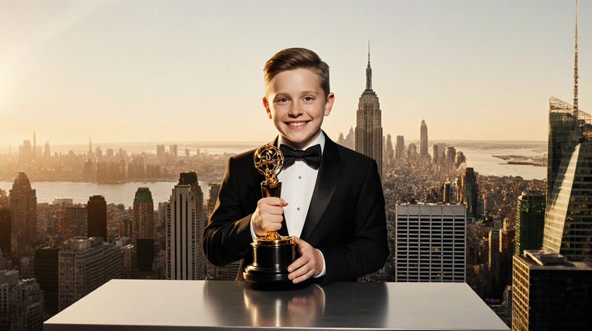 Macaulay Culkin holds Golden Globe award at podium with glowing city skyline behind him