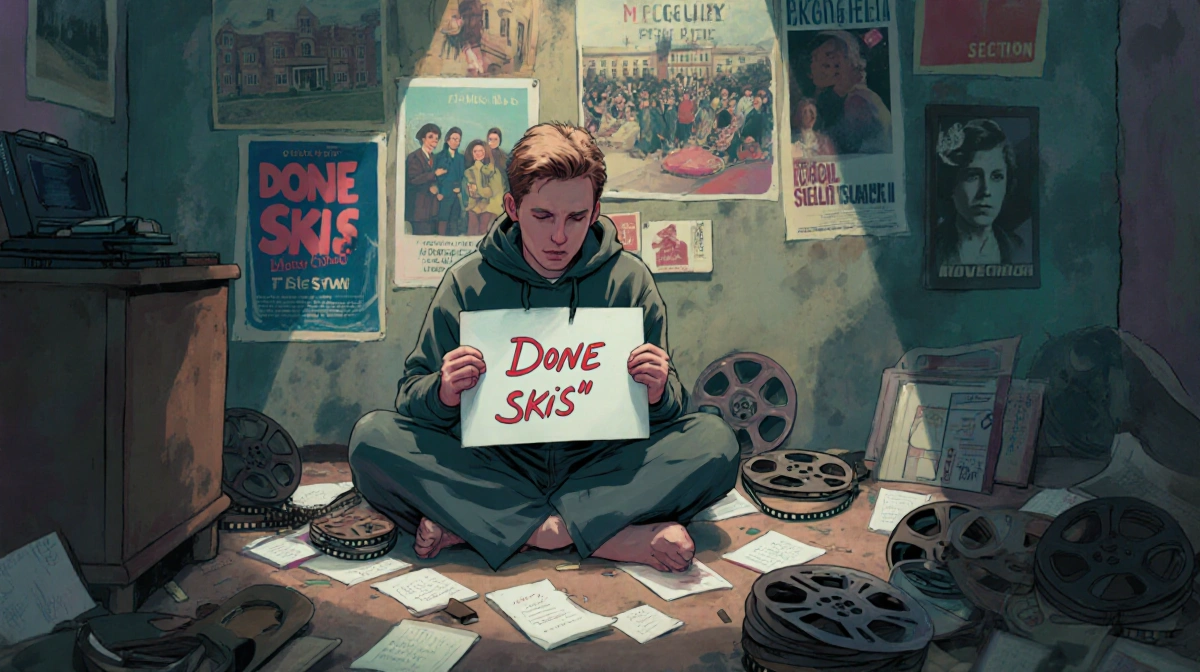 Macaulay Culkin sits holding a done skis sign with old film reels and movie posters around him in a nostalgic room