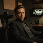 Macaulay Culkin sits comfortably in a vintage recording studio with warm glow and old movie cameras
