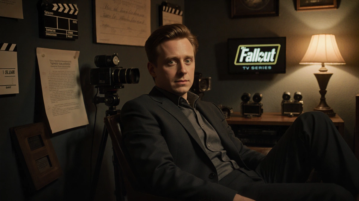 Macaulay Culkin sits comfortably in a vintage recording studio with warm glow and old movie cameras