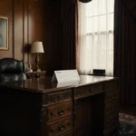 A check rests on an ornate wooden desk with MacKenzie Scott and Rachel Haot framed on the wall showing nonprofit donation sup