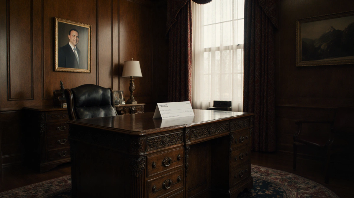 A check rests on an ornate wooden desk with MacKenzie Scott and Rachel Haot framed on the wall showing nonprofit donation sup