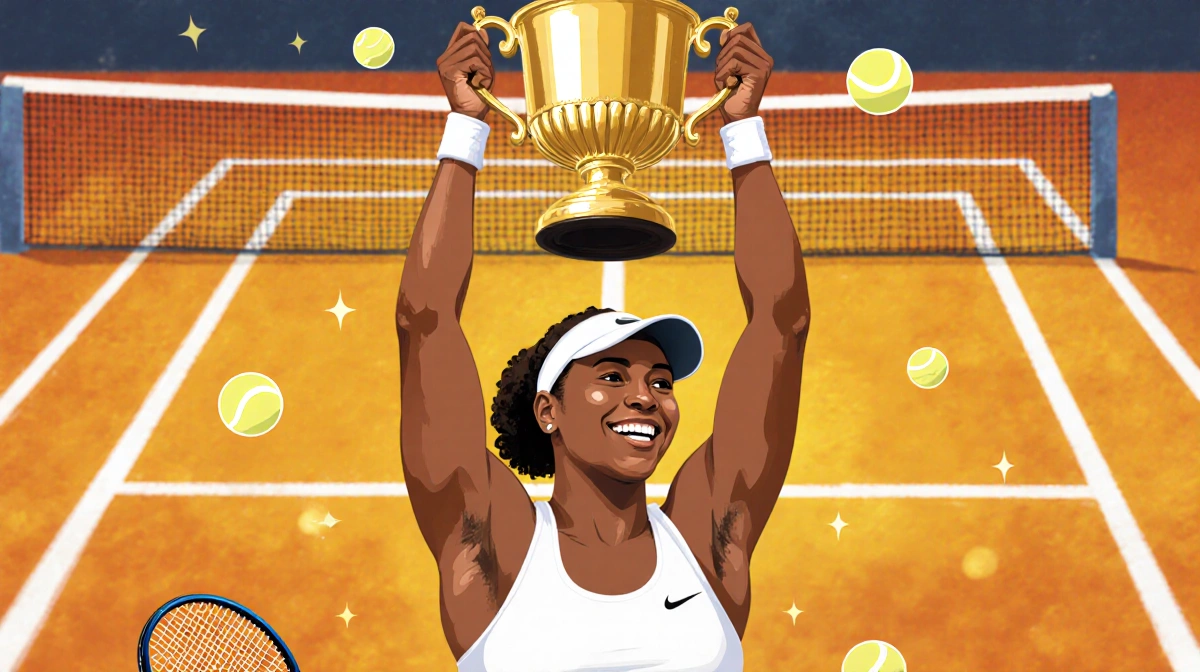 Madison Keys holds her Grand Slam trophy high with tennis racket nearby and crowd celebrating behind