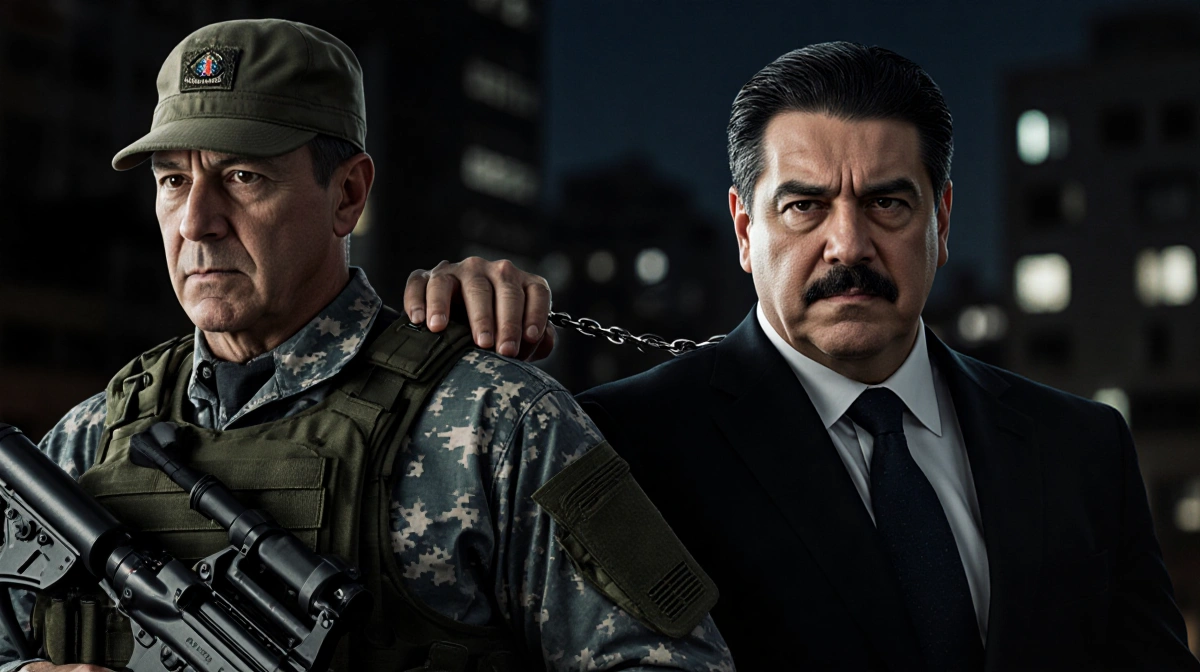 Maduro being cuffed by U.S. forces with Defense Secretary Hegseth standing beside him near a blurred Caracas skyline.