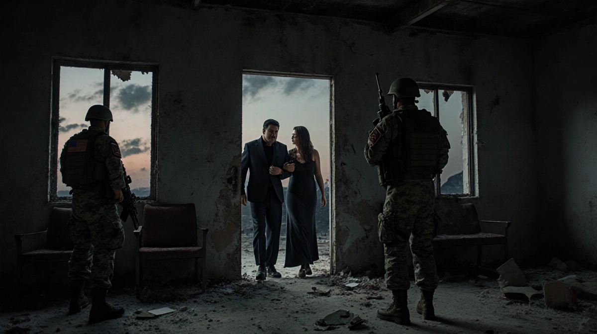 Maduro and Flores being escorted by US soldiers in tactical gear with smoke and broken windows