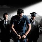 Nicolás Maduro being led by agents in handcuffs with a spotlight and graffiti Freedom on Caracas backdrop.