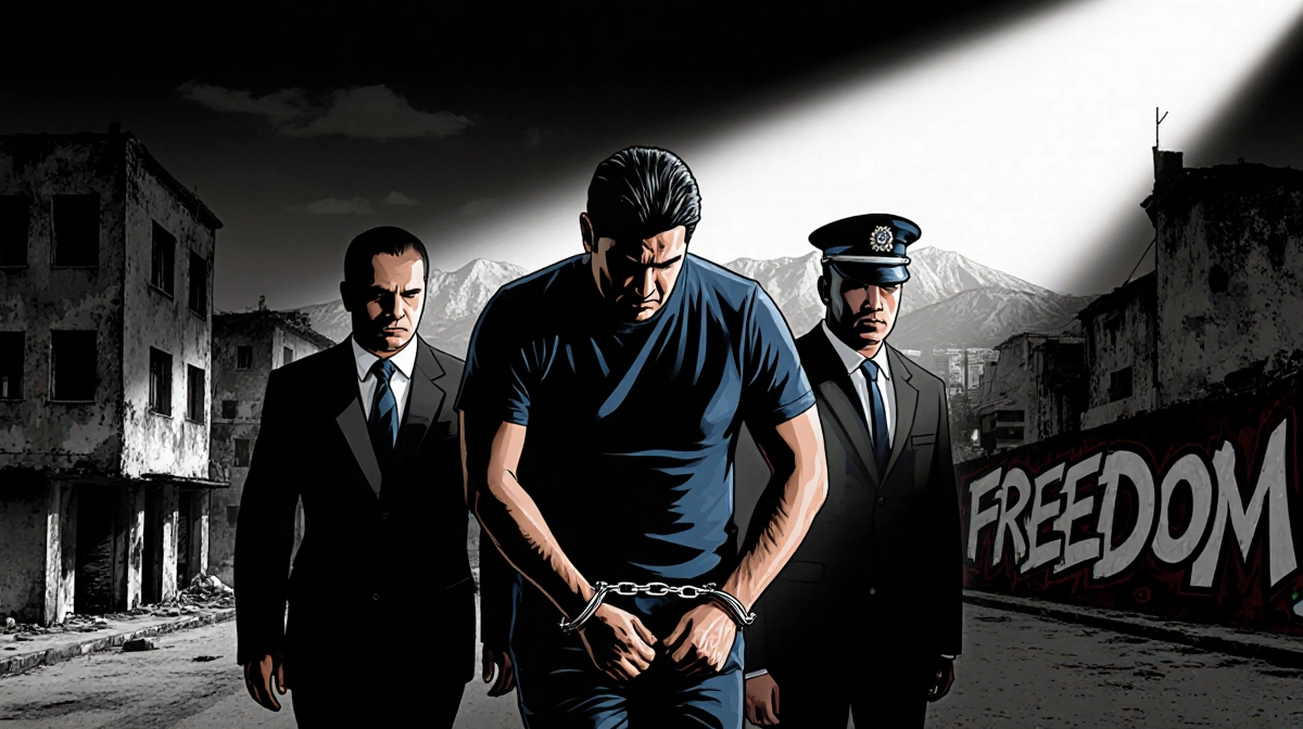 Nicolás Maduro being led by agents in handcuffs with a spotlight and graffiti Freedom on Caracas backdrop.