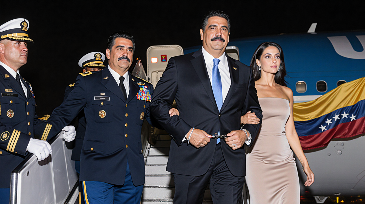 Maduro and his wife Cilia Flores are escorted out of a plane by US military with handcuffs and Venezuelan flags nearby