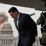 Maduro being escorted by U.S. agents with handcuffs and explosions in the background.