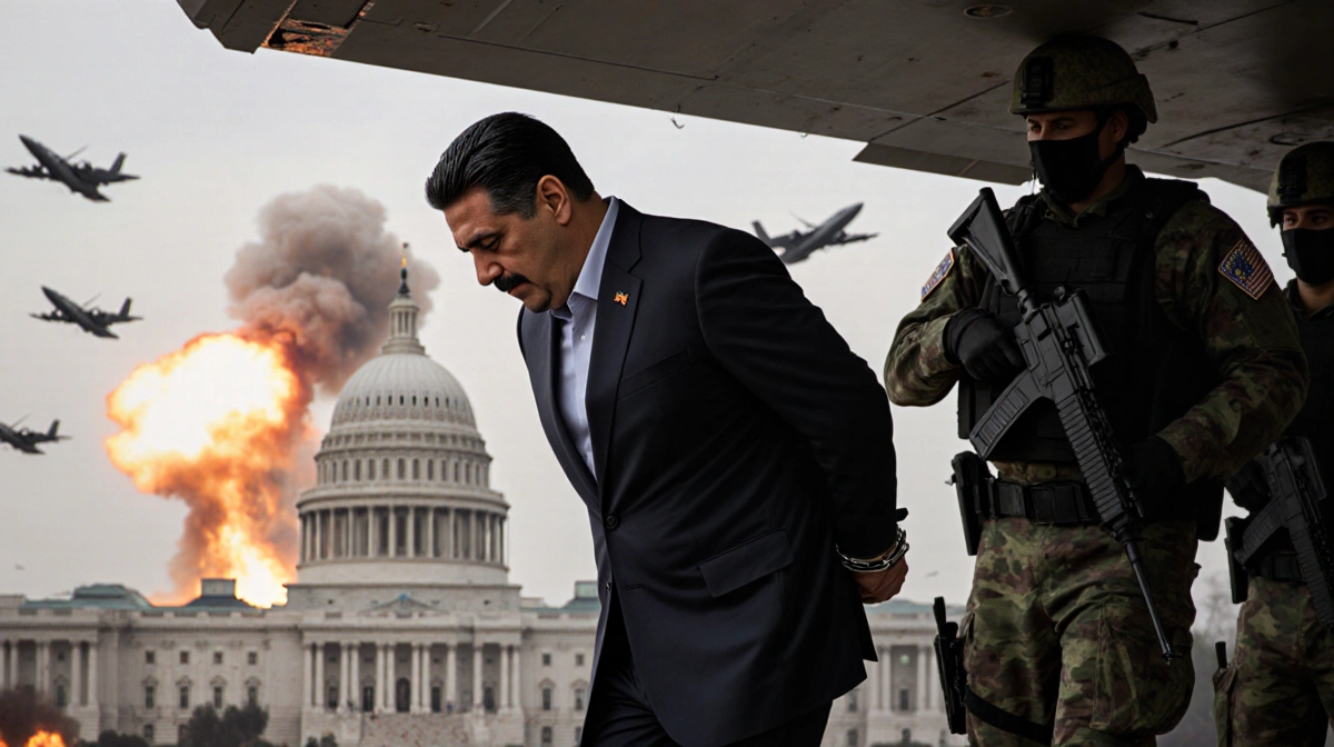 Maduro being escorted by U.S. agents with handcuffs and explosions in the background.