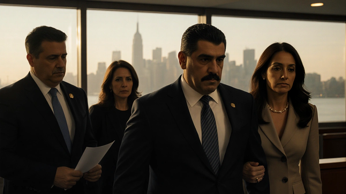 Maduro and Flores being led away by officers with Nicolasito watching from a distance and a blurred New York skyline behind.