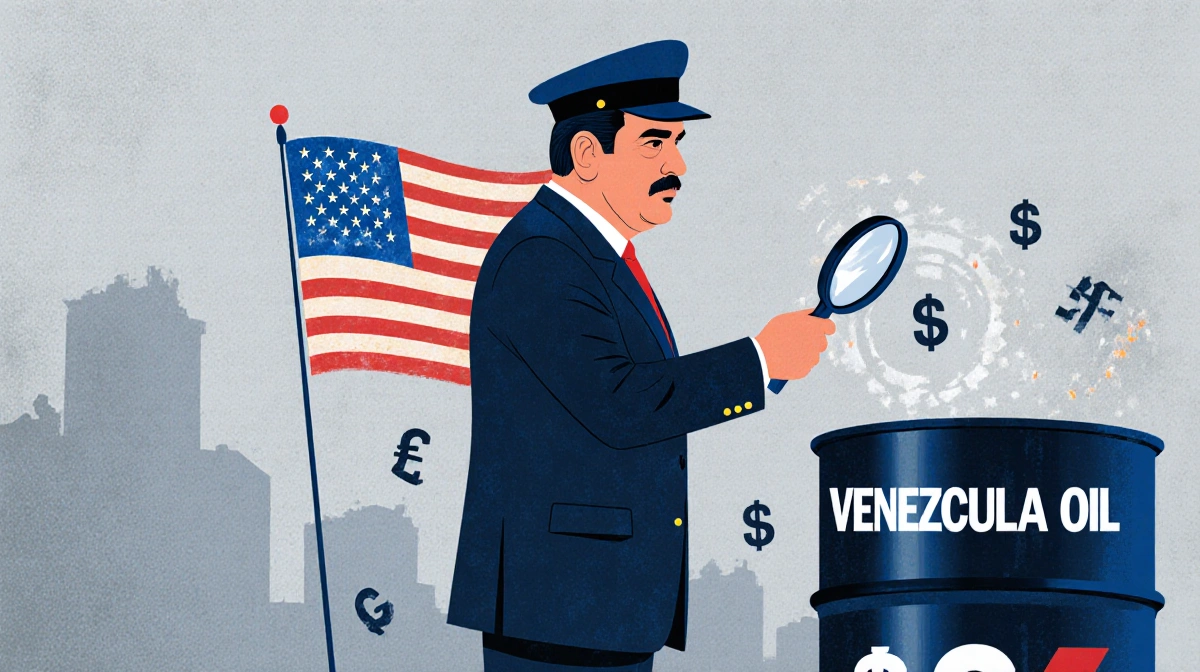 Nicolás Maduro stands before faded Venezuelan flag with Trump's face wearing presidential hat and holding magnifying glass ov