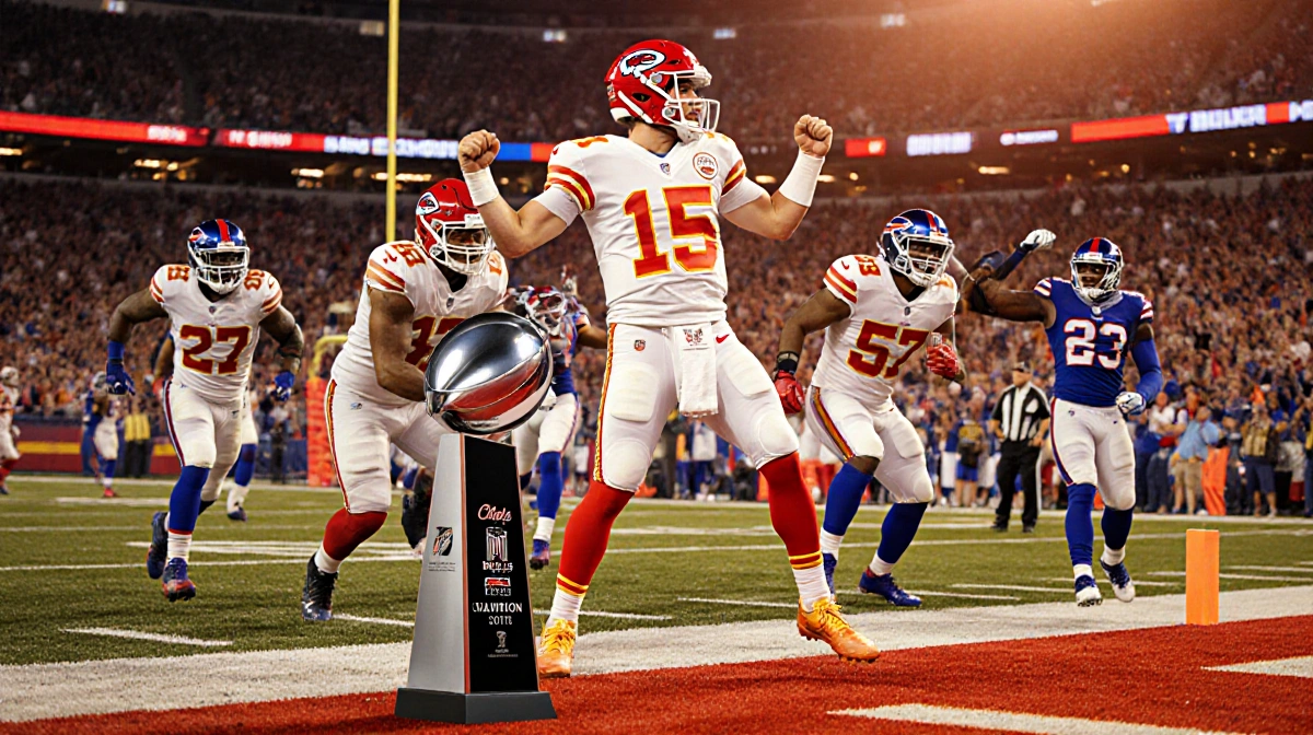 Patrick Mahomes celebrating touchdown with Chiefs teammates and AFC Championship trophy while Bills players react with disapp