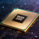 AI chip glows with warm golden light and faint grid pattern against a dark blue gradient background.