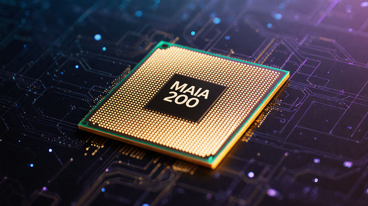 AI chip glows with warm golden light and faint grid pattern against a dark blue gradient background.