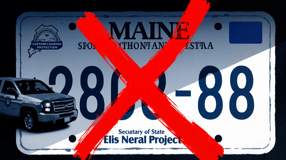 Red X marks rejected license plate with border patrol van showing immigration controversy