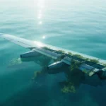 Broken wing of Malaysia Airlines Flight 370 resting on seafloor with seaweed and marine life under diffused sunlight