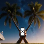 Two palm trees intertwine their fronds while a glowing smartphone shows a blocked signal with satellite dish beside them