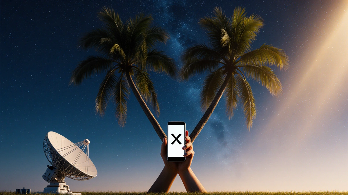 Two palm trees intertwine their fronds while a glowing smartphone shows a blocked signal with satellite dish beside them