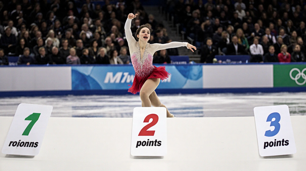 Figure skater performing raspberry twist spin with judges scorecards and blurred crowd behind