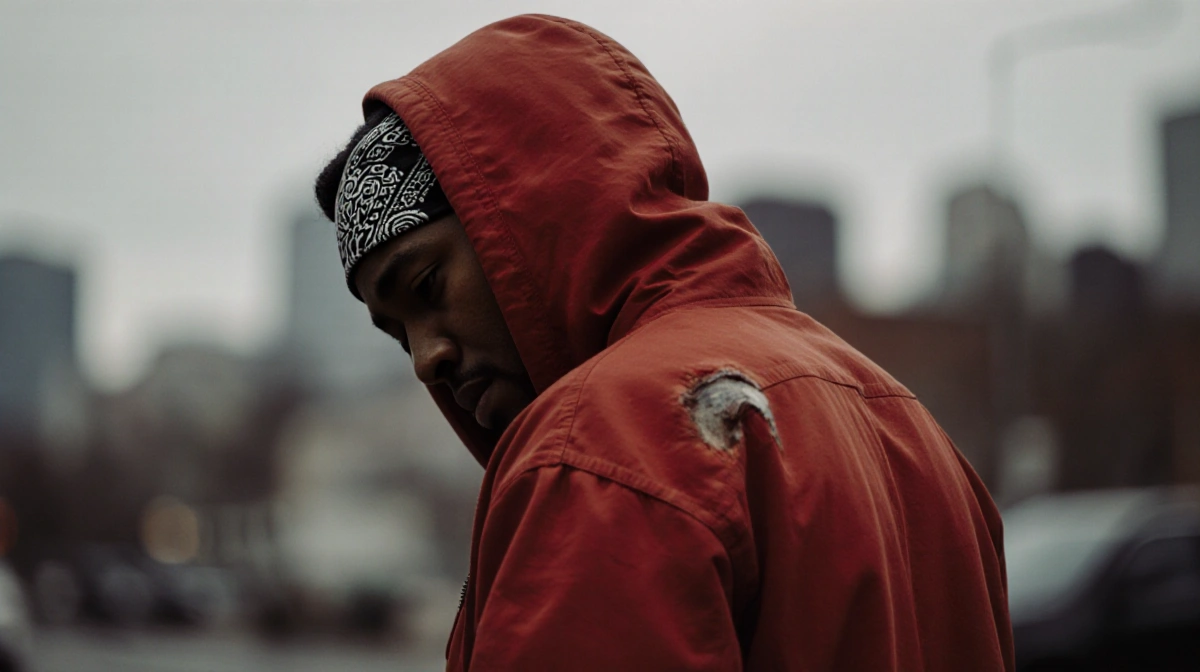 Man in red jacket looking down with a hoodie covering face and a visible bullet wound on his back with a blurred cityscape