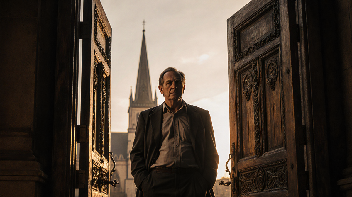 Man standing in front of two church doors slightly ajar with warm golden lighting and carved wood