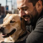 Man hugs his dog with tears of joy while standing on a Germantown street with warm natural light highlighting their emotional