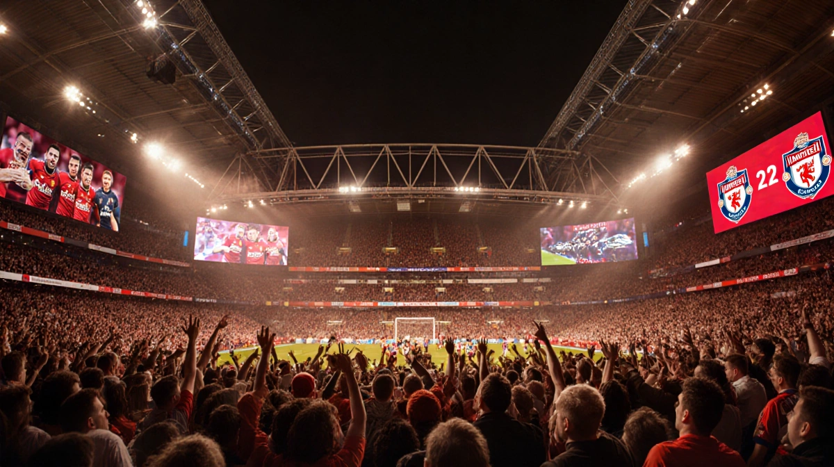 Excited football fans cheer in packed stadium with team colors and giant screens showing match highlights