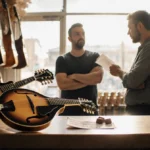 Man returns stolen mandolins to music shop owner with apologetic note and chocolate on counter in warm natural light
