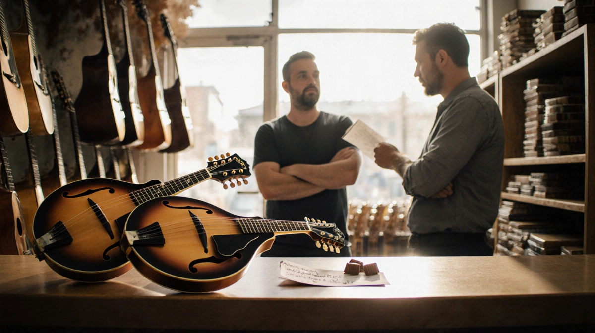 Man returns stolen mandolins to music shop owner with apologetic note and chocolate on counter in warm natural light