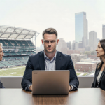Sean Mannion speaking into laptop with Eagles coaching staff watching in conference room.