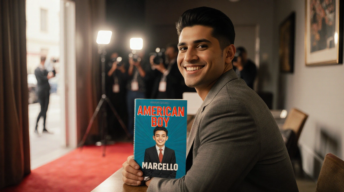 Marcello Hernández smiles holding American Boy with natural light and a red carpet backdrop signaling Netflix special