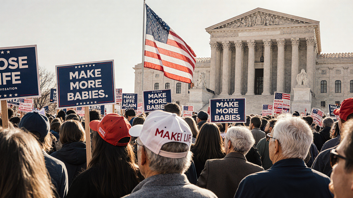 Crowd holding Choose Life signs with American flag backdrop and Trump-style hats at a pro-life rally