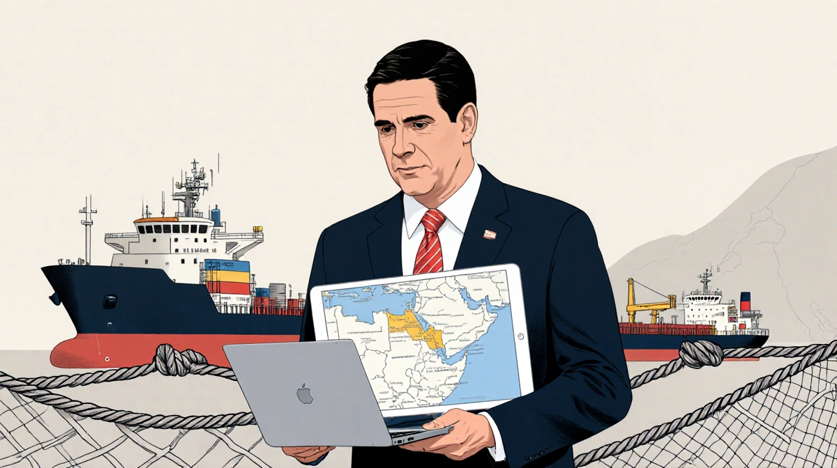 Marco Rubio standing beside oil rig with ropes indicating oil blockade and tablet showing map of Venezuelan oil infrastructur
