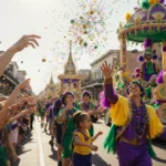 Carnival riders tossing beads and doubloons to the crowd with Mardi Gras floats in the background and people dancing.