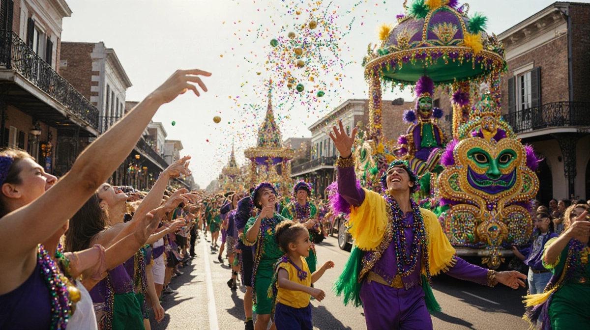 Carnival riders tossing beads and doubloons to the crowd with Mardi Gras floats in the background and people dancing.