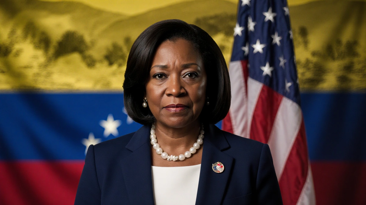 Rep. Marjorie Taylor Greene stands looking straight with American flag behind her and Venezuelan flag in shadow politics.
