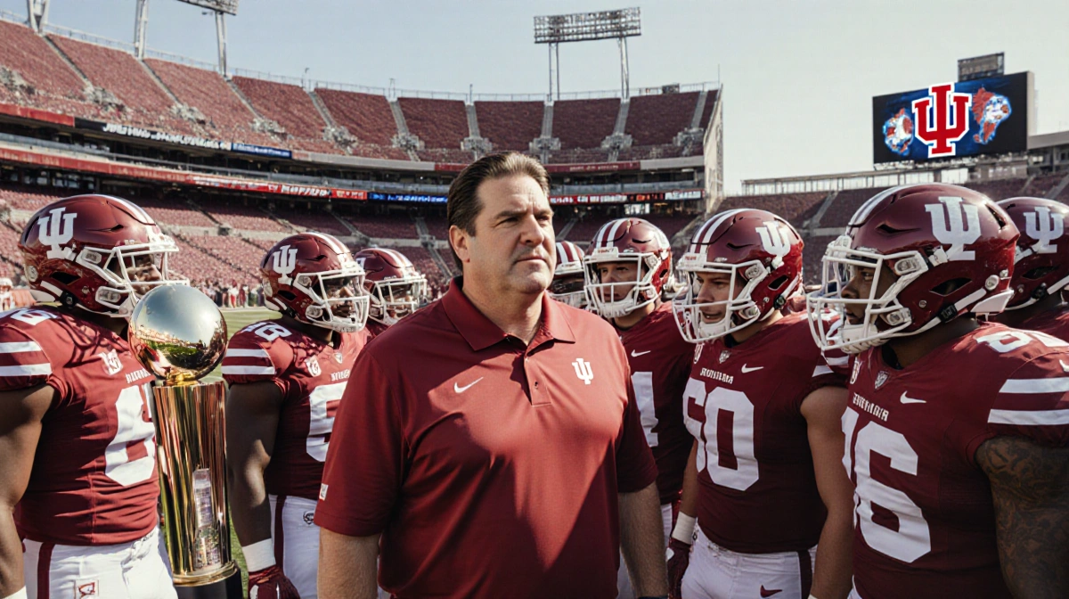Mark Cuban stands with Indiana University football team and national championship trophy on sidelines