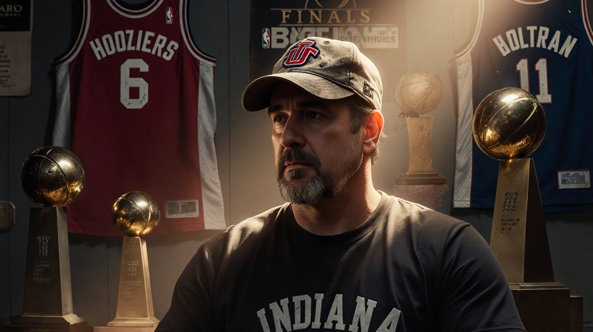 Mark Cuban sits with Indiana Hoosiers hat and basketball memorabilia wall showing faded jerseys and championship rings