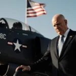 Senator Mark Kelly stands beside a military aircraft with his hand on the plane and an American flag waving behind him
