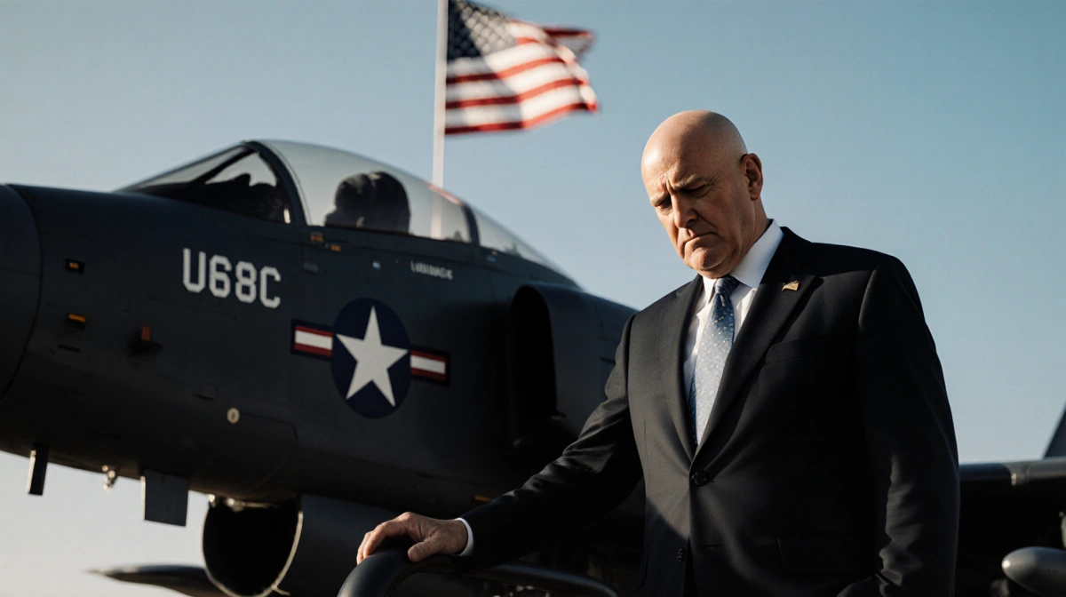 Senator Mark Kelly stands beside a military aircraft with his hand on the plane and an American flag waving behind him