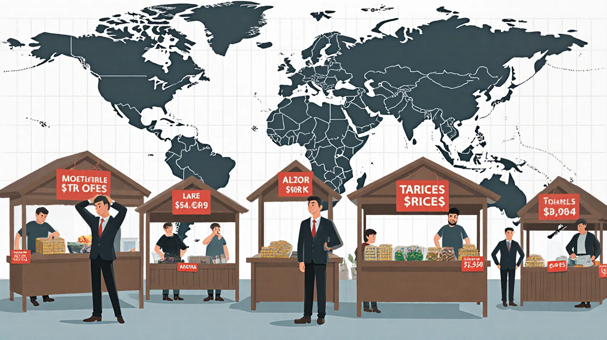 Vendors adjusting price tags with tariffs visible and risk versus cost tension in background global market grid.