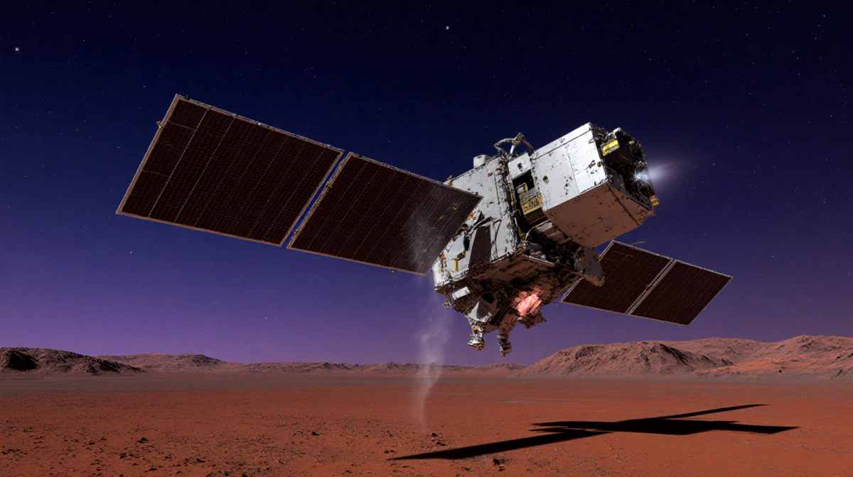 MAVEN Mars orbiter spinning in space with tilted solar panels and faint glow against a blue‑purple Martian sky.
