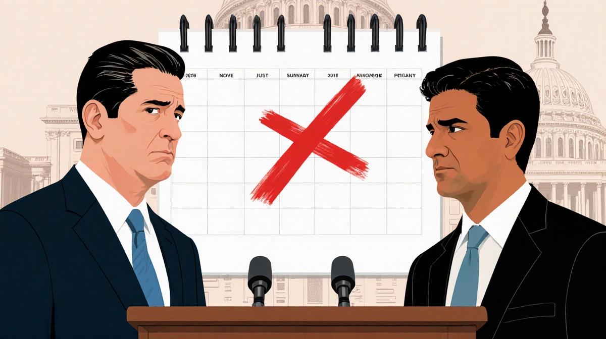 Reps Massie and Khanna stand at Capitol podium with concerned expressions and red X on calendar showing deadline delay