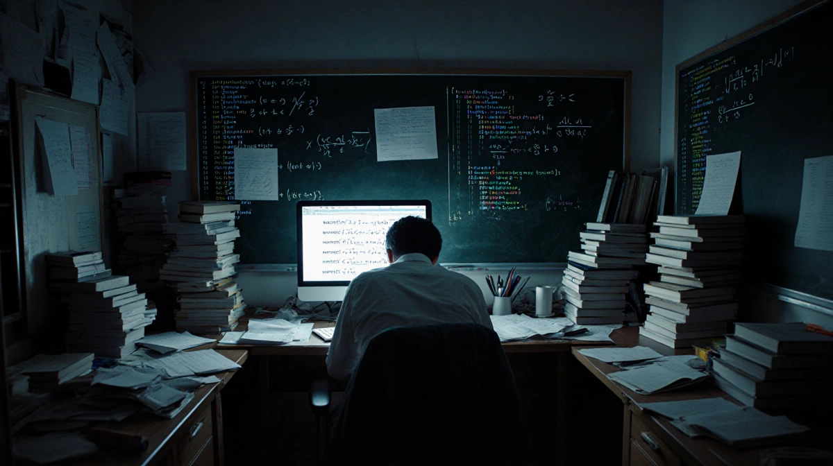 Mathematician works at cluttered desk with equations on blackboard and computer screen showing complex formulas